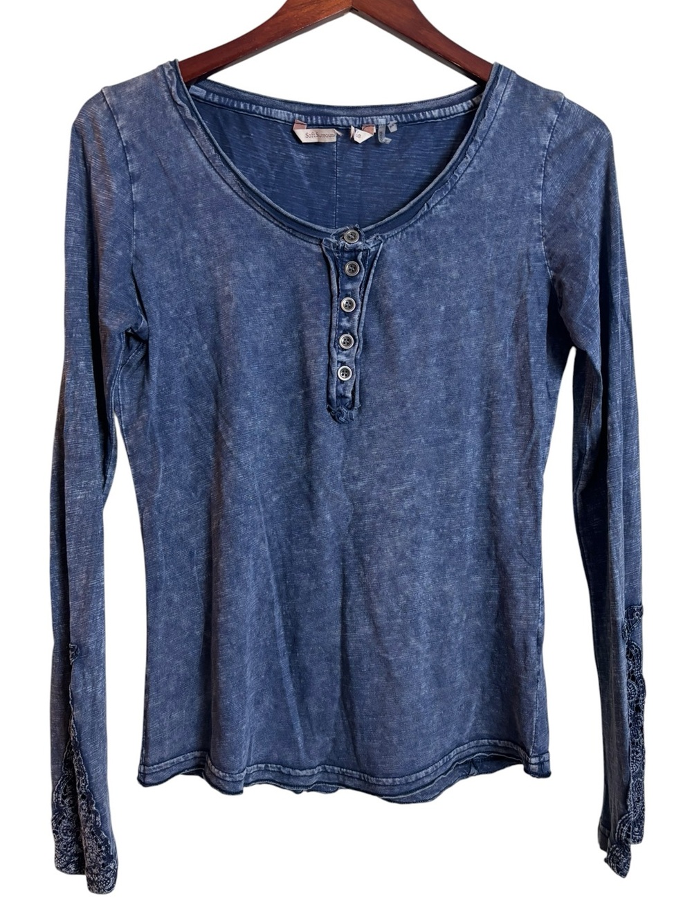 Soft Surroundings Long-Sleeve Washed Navy Henley Top Crochet Wrist Cuffs Size XS